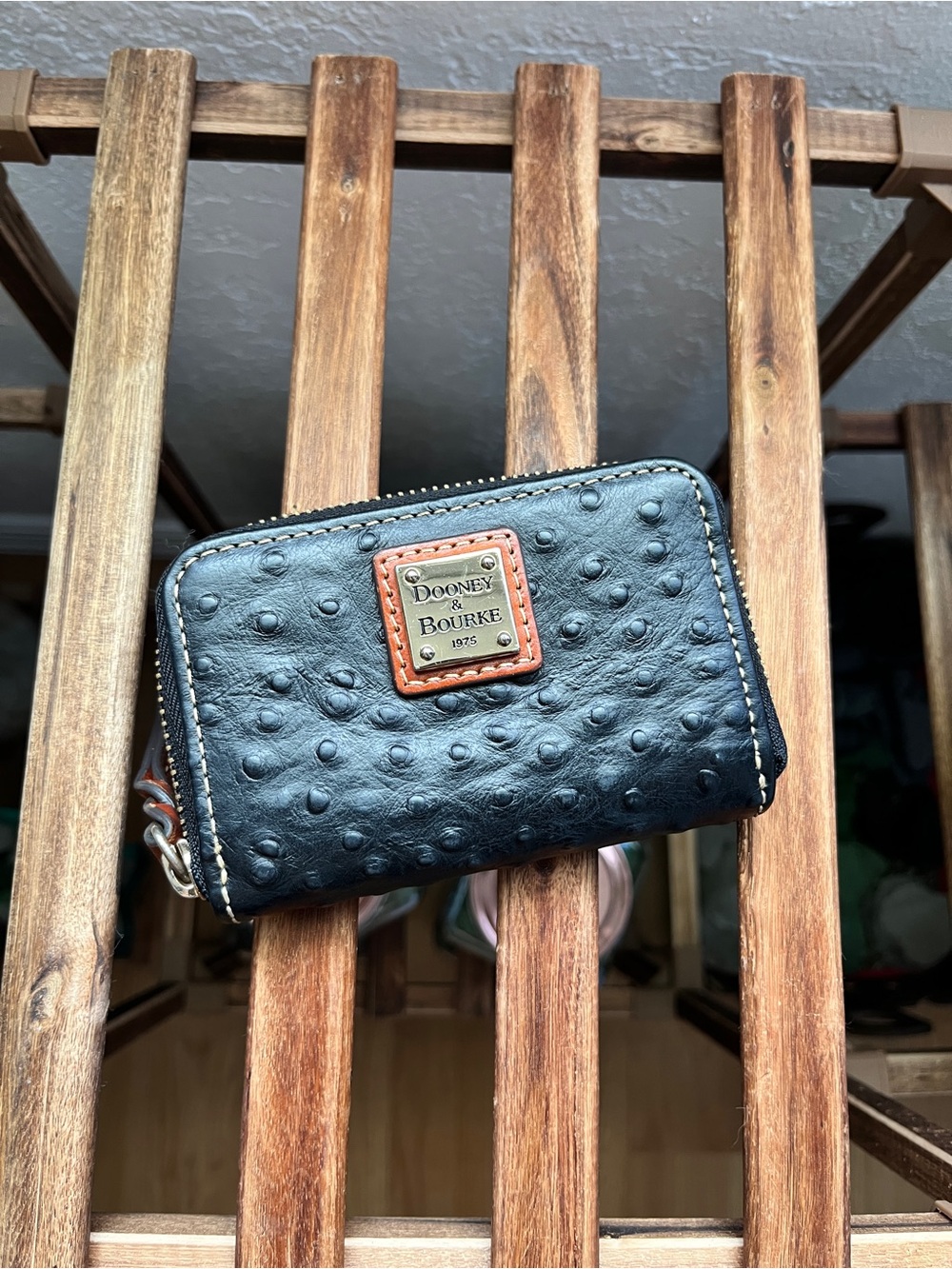 Dooney & Bourke Black/Red Zip- Ostrich Embossed Leather Wallet